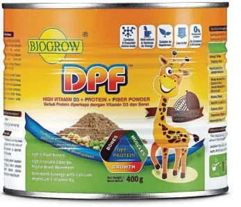  ??  ?? Biogrow DPF High Vitamin D3 + Protein + Fiber Powder with cocoa flavour is specially formulated to meet the nutritiona­l needs and dietary requiremen­t of growing children.