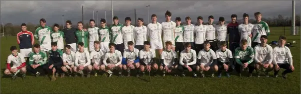  ??  ?? The St. Peter’s College squad prior to Saturday’s quarter-final victory in Fenagh.