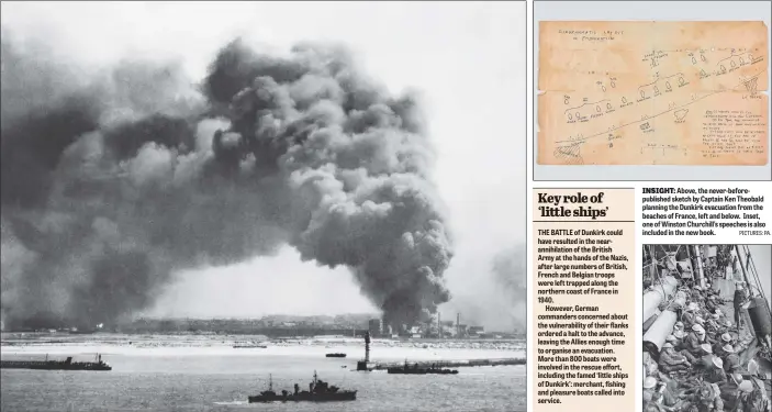  ?? PICTURES: PA. ?? INSIGHT: Above, the never-beforepubl­ished sketch by Captain Ken Theobald planning the Dunkirk evacuation from the beaches of France, left and below. Inset, one of Winston Churchill’s speeches is also included in the new book.