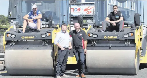  ??  ?? Ready to roll: Peter Hickman (back left) and Dean Harrison (back right) are joined by Clerk of the Course Noel Johnston (front right) and Superbike race sponsor Eugene McManus (MMB Surfacing) with a new style of machinery at the Dundrod circuit