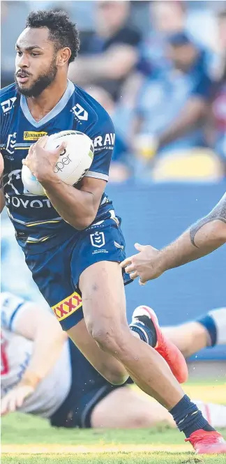  ?? Picture: Getty Images ?? Cowboys fullback Hamiso Tabuai-fidow makes a break in North Queensland’s loss to the Roosters at Queensland Country Bank Stadium.