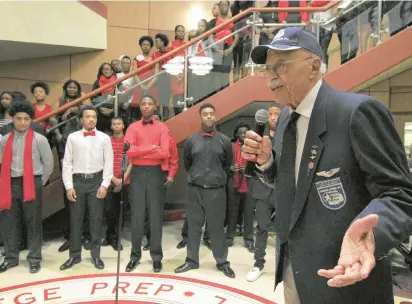  ?? SOUTHLAND COLLEGE PREP CHARTER HIGH SCHOOL ?? Tuskegee Airman Oscar Lawton Wilkerson, who was among the first Black men to fly a B-52 bomber, was honored for his service during a 2017 Black history program at Southland College Prep Charter High School in Richton Park.