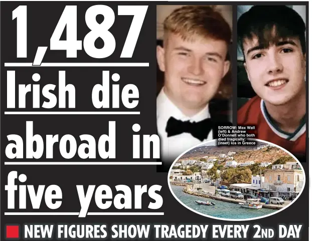  ?? ?? SORROW: Max Wall (left) & Andrew O’Donnell who both died tragically; (inset) Ios in Greece