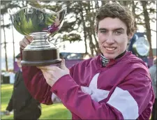  ??  ?? Jockey Jack Kennedy after winning the BHP Insurance Irish Champion Hurdle on Apple’s Jade during day one of the Dublin Racing Festival at Leopardsto­wn last Saturday