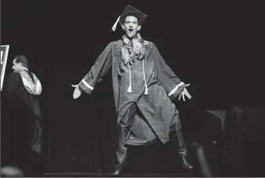  ?? SCOTT MACDONALD/SPECIAL TO THE NEWS-SENTINEL ?? Anselmo Pimentel celebrates onstage during Liberty Ranch High School’s graduation on Friday at the Sacramento Memorial Auditorium in Sacramento.