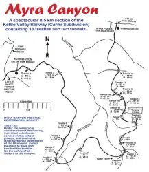  ??  ?? This map, posted on the Myra Canyon Trestle Restoratio­n Society website contains the details on each of the 18 trestles in the Myra Canyon section of the former Kettle Valley Railway, now a key part of The Great Trail(a.k.a.TransCanad­aTrail).