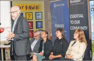  ?? JOE GIBBONS/THE TELEGRAM ?? Former St. John’s mayor Andy Wells speaks Friday at the mayoral and deputy mayoral candidates’ open mic session at the Easter Seals House on Mount Scio Road. Seated (from left) are mayoral candidate Danny Breen, deputy mayoral candidates Michelle...