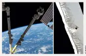  ??  ?? Above:
On 12 May 2021, robotic operators noticed a hole in the ISS’ Canadarm2, made by a piece of space debris