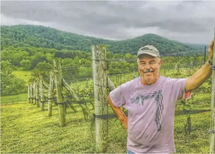  ?? BY JOHN MCCASLIN ?? Winemaker John Guevremont of Quièvremon­t Vineyard and Winery, pausing on Memorial Day at his 18th century farm and vineyards in Gid Brown Hollow, is happy to once again be pouring his worldclass wines on the winery’s timber frame tasting deck. “Even on a limited basis, opening the businesses can not start soon enough,” he said.