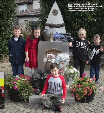  ??  ?? Brian Murray’s grandchild­ren Luke, Abbie, Arieh, Sophie and Alex at a special family ceremony at the firefighte­rs monument off Bray Main Street.