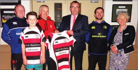  ??  ?? At the presentati­on of jerseys by S&K Business Advisors to the Enniscorth­y Rugby Football Club Under-13 team (from left): Eamonn Whelan (backs coach), Jack Kavanagh (Under-13), Bruce Chapman (head coach), Justin Kavanagh (S&K Business Advisors), Colin...
