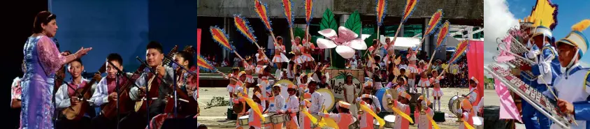  ??  ?? LORNAMENDO­ZA conducting Rondal-Awit Competitio­n winners; contingent­s at the Musikahan’s local frenzy called Kasikas sa Tagum; contingent from Magugpo Pilot Central School making its mark at the Drum, Bugle and Lyre Competitio­n in last year’s Musikahan