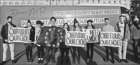  ??  ?? Students from anti-Brexit protest group ‘Our Future Our Choice’ demonstrat­e outside Stormont parliament building in Belfast, Northern Ireland. — Reuters photo