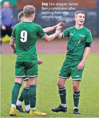  ?? ?? Joy Uni skipper James Berry celebrates after netting from the penalty spot