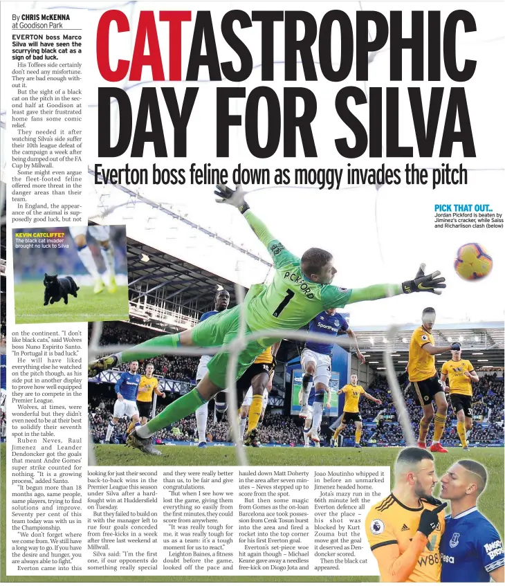  ??  ?? KEVIN CATCLIFFE? The black cat invader brought no luck to Silva PICK THAT OUT.. Jordan Pickford is beaten by Jiminez’s cracker, while Saiss and Richarliso­n clash (below)