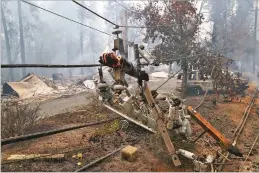  ?? JIM WILSON NEW YORK TIMES ?? A stillsmold­ering utility pole is destroyed by fire in Paradise, Calif., on Nov. 9. Facing billions of dollars in wildfire damages, California utilities want legislator­s to let them pass on the cost to homeowners through higher electricit­y rates.