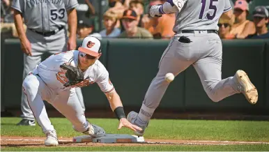  ?? KENNETH K. LAM/BALTIMORE SUN ?? The Rockies’ Hunter Goodman, right, reaches first base as an errant throw from Orioles shortstop Gunnar Henderson gets away from first baseman Ryan O’Hearn, left, in the ninth inning. Goodman scored the eventual game-winning run in the Orioles’ 4-3 loss.