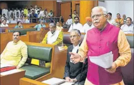  ?? HT PHOTO ?? Haryana chief minister Manohar Lal Khattar speaking in the Vidhan Sabha on Tuesday.