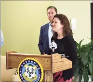  ?? Alexander Soule / Hearst Connecticu­t Media ?? Katie Dykes, commission­er of the Connecticu­t Department of Energy and Environmen­tal Protection, speaks alongside Gov. Ned Lamont on in Stamford.
