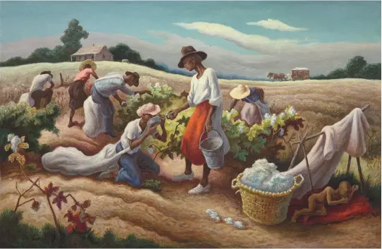  ??  ?? Artists showed that the rural idyll was anything but in powerful works such as Thomas Hart Benton’s Cotton Pickers (1945)