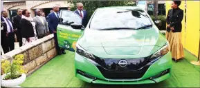  ?? Magongo) (Pics: Mhlengi ?? Prime Minister Dlamini boards the Nissan LEAF Electric Vehicle, which is the first recognisab­le electric car in Eswatini.