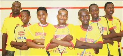  ??  ?? THE MASTER AND HIS PUPILS . . . Mashumba Mukumba (far left), the director of the Zimbabwe Education Squash Trust, enjoys the company of some of his protégés who will play at the trust’s ninth anniversar­y celebratio­ns at Belgravia Sports Club in Harare on November 30 and December 1