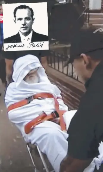  ?? Picture: AP ?? In this frame from video, Jakiw Palij, a former Nazi concentrat­ion camp guard, is carried on a stretcher from his home in Queens in the US, and (inset) a photo of Palij from 1957.