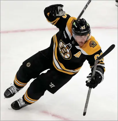  ?? (Matt Stone/ Boston Herald) April 19, 2023 ?? Brad Marchand #63 of the Boston Bruins celebrates his goal during the second period of Round 1 Game 2 of the NHL playoffs against the Florida Panthers at the TD Garden on Wednesday in Boston, MA.