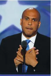  ?? (Reuters) ?? SENATOR CORY BOOKER pauses while speaking at the Democratic National Convention in Philadelph­ia last year.