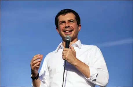  ?? WADE VANDERVORT — LAS VEGAS SUN VIA AP ?? Democratic presidenti­al candidate Pete Buttigieg speaks to supporters during a rally in Las Vegas, NV, Friday.