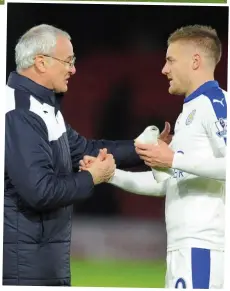  ?? KEVIN QUIGLEY ?? In their grasp: Ranieri and Vardy at full-time