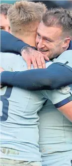  ?? Picture: PA. ?? Stuart Hogg, right, celebrates with Kyle Steyn.