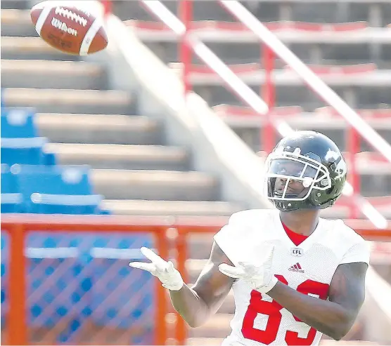  ?? DARREN MAKOWICHUK ?? Stampeders receiver DaVaris Daniels has arrived in training camp looking stronger and faster than he was during his impressive rookie campaign.