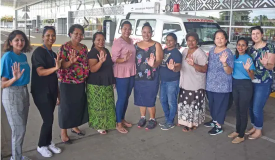  ?? Photo: Waisea Nasokia ?? COVID-19 frontliner­s from left: Sheenal Sharma, Priti Singh, La Tagicakiba­u, senior medical officer Nadi Health Border Dr Sainimili Bulatale, general manager COVID-19 Response Unit Dr Anaseini Maisema Tabua, Margaret Vuiyasawa, Family Health Dr Rachael Devi, National Disaster Management Office Dr Susana Nakalevu, Christine Calo’oy, Zubnah Khan and Cate Heinrich at the Nadi Internatio­nal Airport on March 5, 2021.