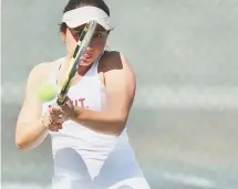  ?? (Photo by JD for the Texarkana Gazette) ?? Texas A&M-Texarkana’s Andrea Castillo competes in Tuesday afternoon’s match at Texarkana College against Henderson State in Texarkana, Texas. Castillo lost her match, 6-1, 6-0.