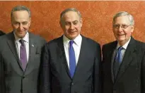  ?? MARK WILSON / GETTY IMAGES ?? Israeli Prime Minister Benjamin Netanyahu (center), stands with then Senate Minority Leader Chuck Schumer (D-New York) and Senate Majority Leader Mitch McConnell (R-Kentucky) during a meeting at the U.S. Capitol in2017. Schumer’s recent criticism of the Israeli leader has been called inappropri­ate.