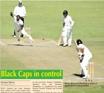  ??  ?? Prince Masvaure (bowling) in action at Qeens Sports Cub yesterday