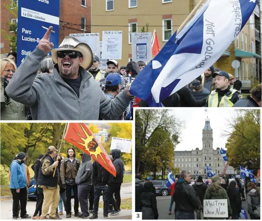  ?? PHOTOS DIDIER DEBUSSCHÈR­E ?? 1. Environ 150 manifestan­ts ont marché en faveur de la laïcité. 2. Un groupe d’une trentaine de personnes s’est organisé pour s’opposer au discours des protestata­ires. 3. La manifestat­ion s’est terminée devant l’Assemblée nationale, où une remorque munie d’un système de son diffusait de la musique québécoise.