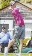  ??  ?? GIVE IT SOME UMPH: Tim Umphrey watches his tee shot on the 12th hole in yesterday’s final round of the Ouimet Memorial.