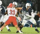  ?? BARRY REEGER/AP ?? Penn State offensive lineman Drew Shelton, right, the former Downingtow­n West star, started the final four games of the regular season at left tackle for the injured
Olu Fashanu and performed beyond expectatio­ns.