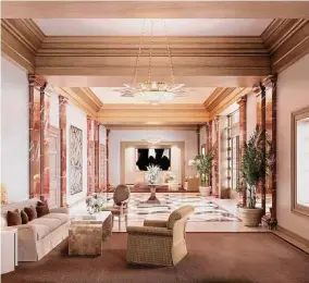  ?? ?? The lobby is defined by marble pilasters, custom upholstery by Rose Tarlow, a bespoke crystal chandelier, and a curated mix of rare antiques.