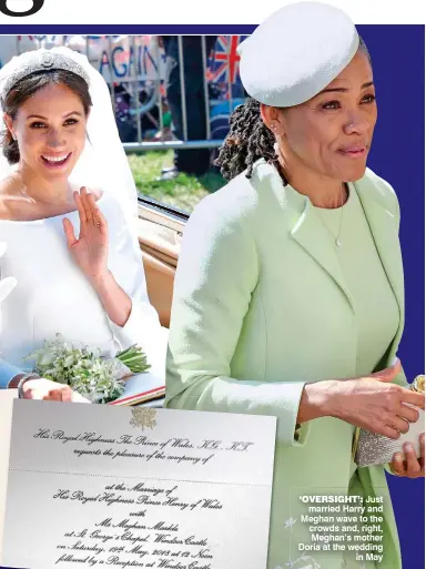  ??  ?? ‘OVERSIGHT’: Just married Harry and Meghan wave to the crowds and, right, Meghan’s mother Doria at the wedding in May