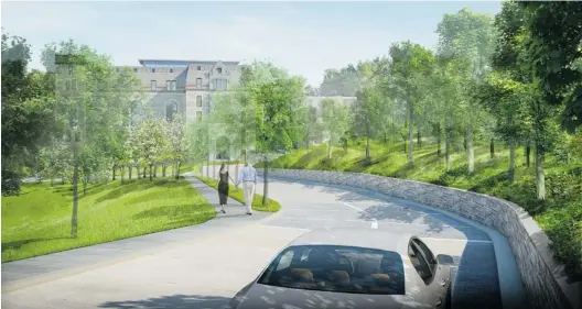  ?? ARTIST’S RENDERINGS COURTESY OF TERRA MONDE INC. ?? A tree-lined driveway leading to the M sur la Montagne condo complex illustrate­s the developers’desire to retain existing trees on the property and provide residents with plenty of green space.