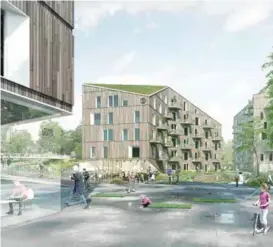  ??  ?? Slik ser arkitekten­e for seg utforminge­n av Blindernpo­rten med 130–150 boliger for gjestefors­kere. T-banen ligger til venstre.