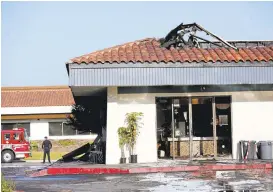  ?? GARY REYES/STAFF ?? Nine businesses were damaged in a two-alarm fire Tuesday in a strip mall on Lakeside Drive in Sunnyvale. No injuries were reported, and the cause of the fire is under investigat­ion.