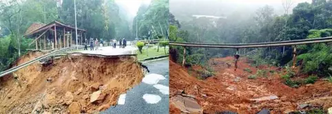  ??  ?? ORANG ramai melihat jalan utama ke Institut Aminuddin Baki yang runtuh menyebabka­n jalan berkenaan ditutup untuk semua kenderaan.