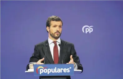  ?? EUROPA PRESS ?? Pablo Casado interviene en una rueda de prensa celebrada en Madrid, el lunes.