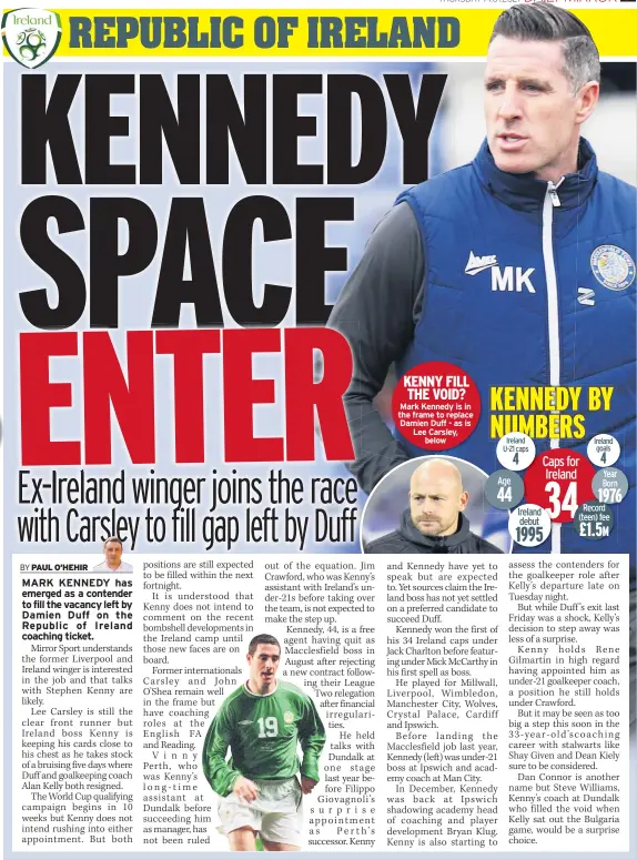  ??  ?? KENNY FILL THE VOID? Mark Kennedy is in the frame to replace Damien Duff - as is Lee Carsley, below