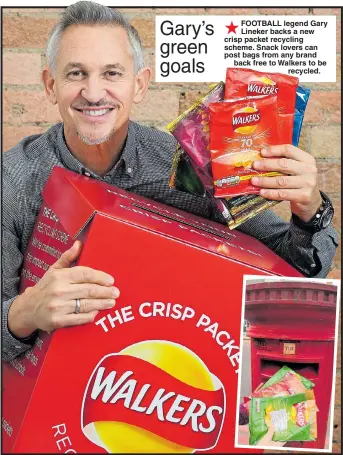  ??  ?? FOOTBALL legend Gary Lineker backs a new crisp packet recycling scheme. Snack lovers can post bags from any brand back free to Walkers to be recycled.