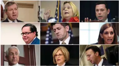  ?? FOTO: REUTERS/AP/NTB SCANPIX ?? Ni av de 43 republikan­erne som ikke stiller til gjenvalg i Representa­ntenes hus: Øverst: Charlie Dent, Ileana Ros-Lehtinen, Jason Chaffetz. Midten: Blake Farenthold, Paul Ryan, Martha McSally. Nederst: Dave Reichert, Diane Black, Ryan Costello.